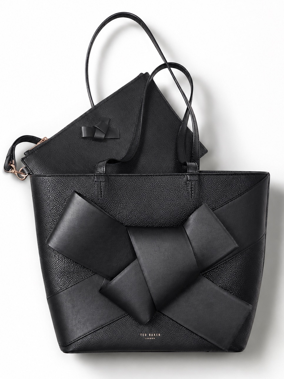 Nwot Ted Baker Giant Knot Pebbled Leather Tote Black Bow & Wristlet New W/O Tags
